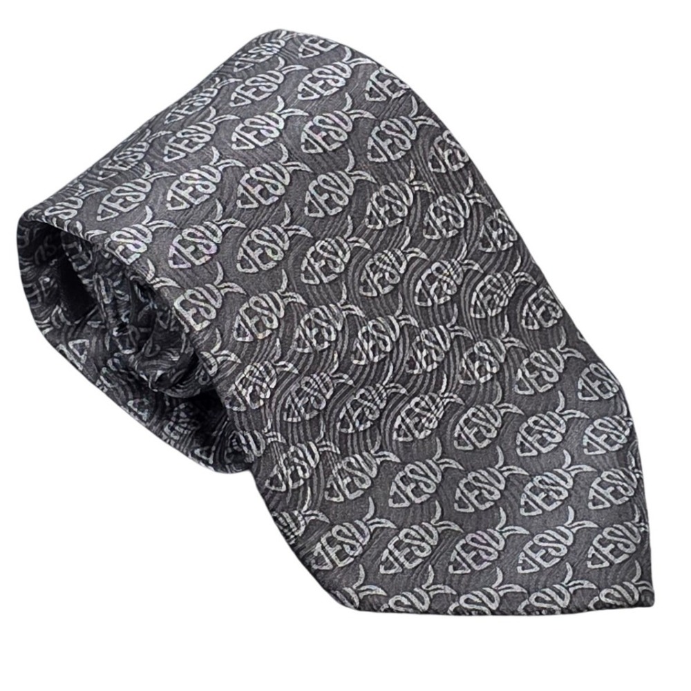 Tie Tales Silk Necktie Men's Grey Silk Jesus Ichthys Fish Religious Christian